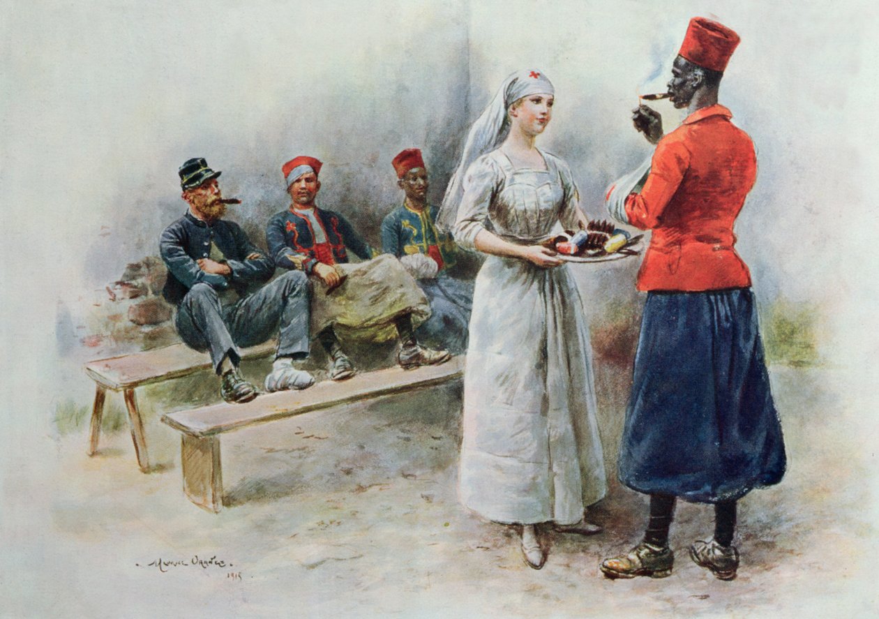 Favorittsykepleieren med zouaver og soldater under første verdenskrig, 1915 av Maurice Henri Orange