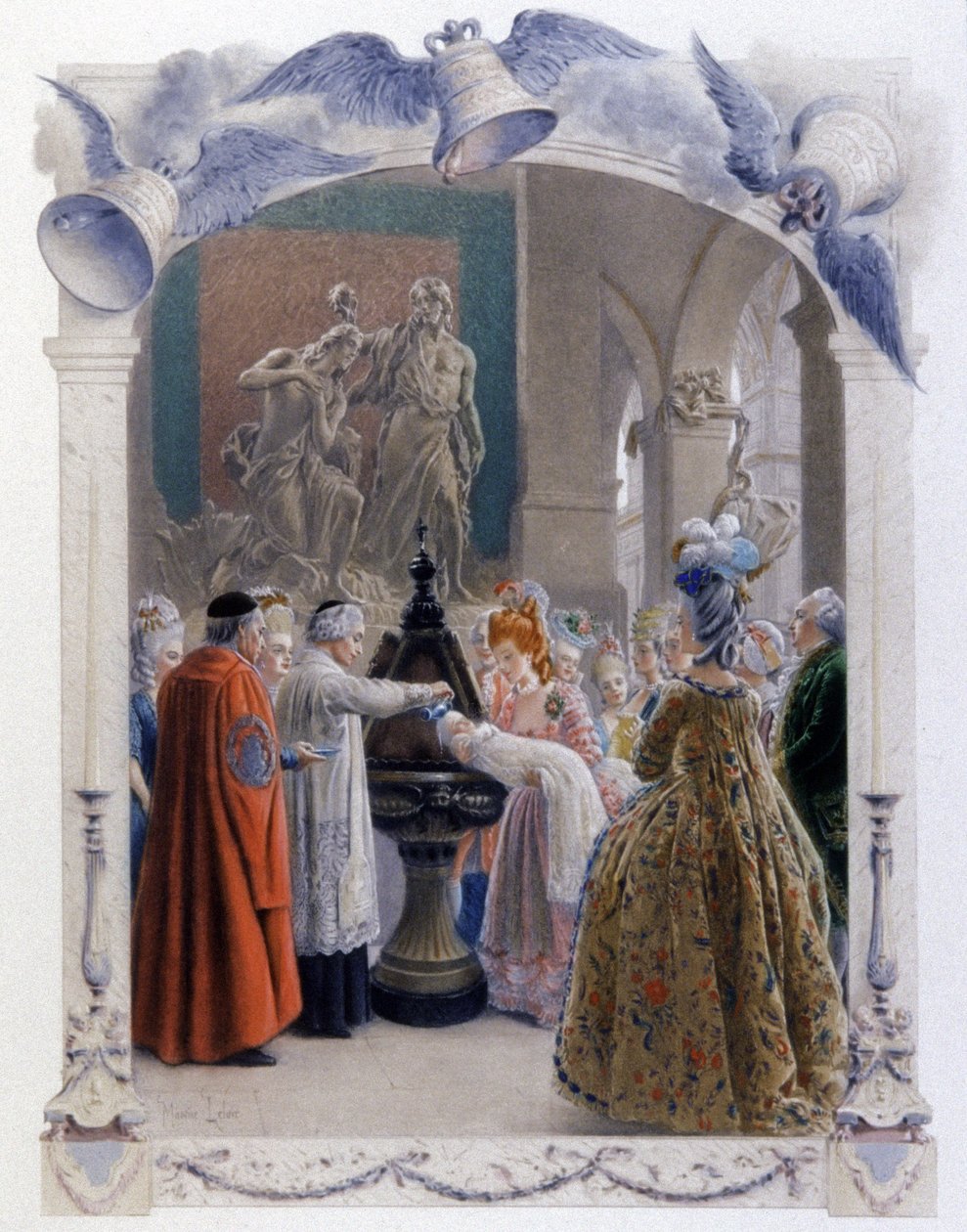 1700-tallets adelige dåpsscene, ca. 1900 (illustrasjon) av Maurice Leloir