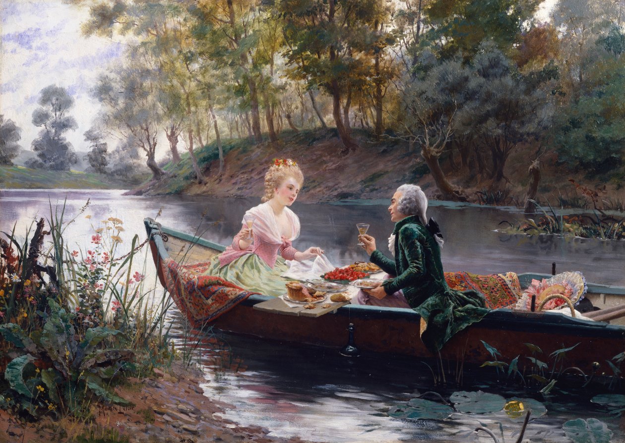 En romantisk lunsj (olje på panel) av Maurice Leloir