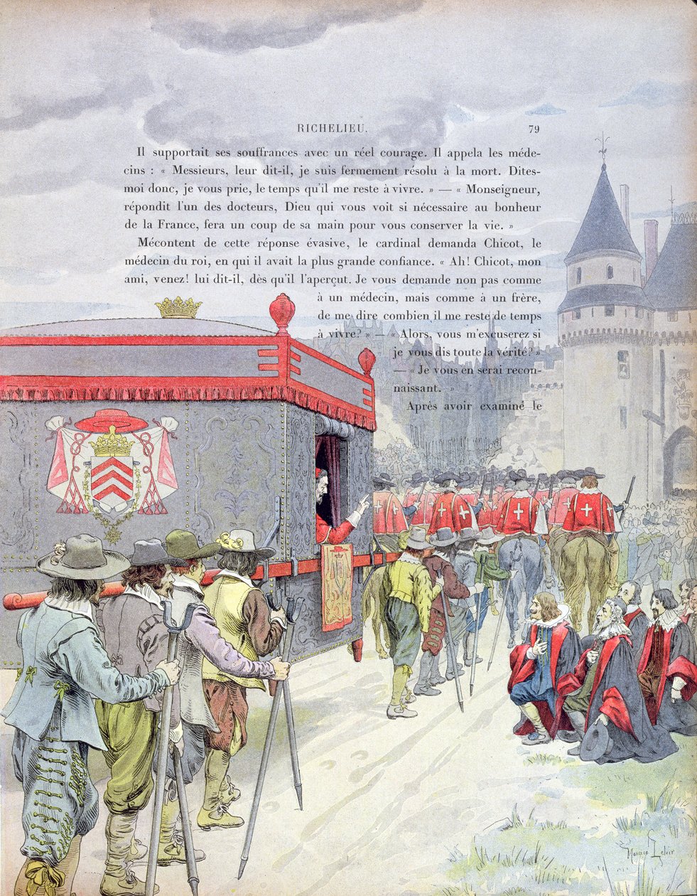 Armand-Jean du Plessis, kardinal Richelieu (1585-1642) på reise i et kull da en gammel mann, illustrasjon fra Richelieus liv av Theodore Camu, 1910 av Maurice Leloir
