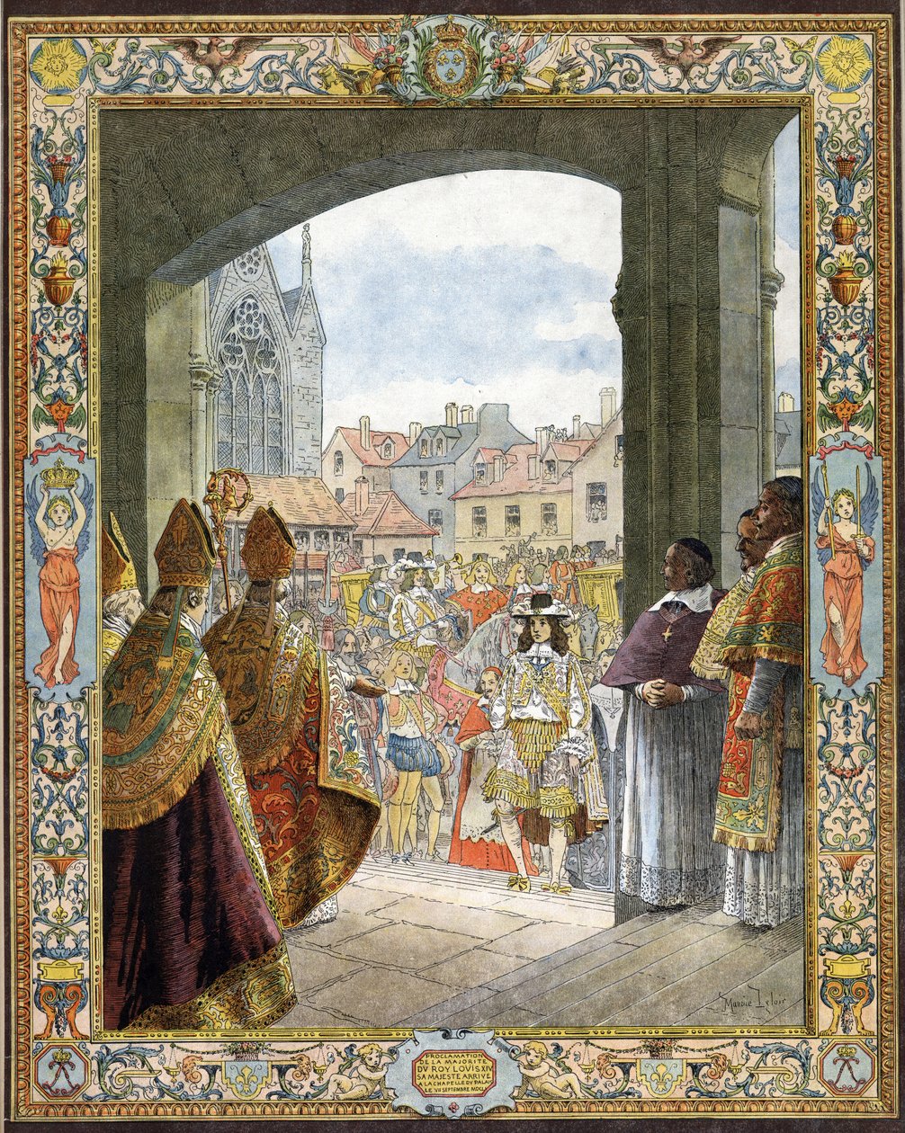 Arrived at the Sainte-Chapelle (Sainte Chapelle) for the proclamation of his majority of the King of France Louis XIV known as Le Roi-Soleil (King Soleil or Louis the Great av Maurice Leloir