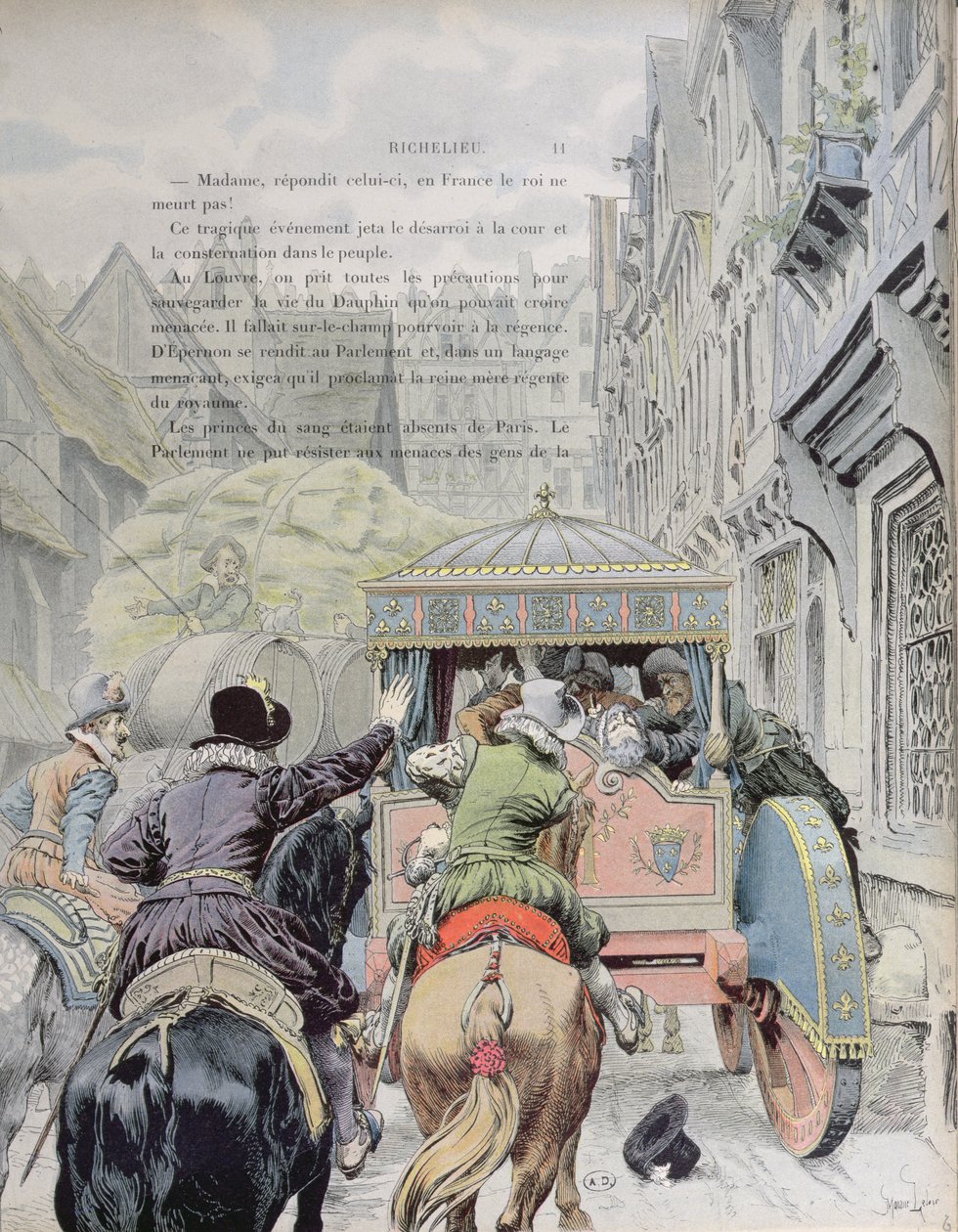 Attentatet på Henri IV av Francois Ravaillac i rue de la Ferronerie 14. mai 1610, ca. 1900 av Maurice Leloir