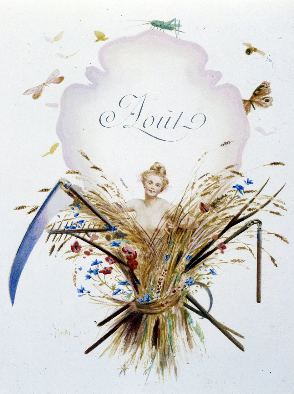 august ""Månedens sang"" av Jérôme Doucet, illustrasjon - Maurice Leloir, red. Reims 1904. L. Michaud av Maurice Leloir