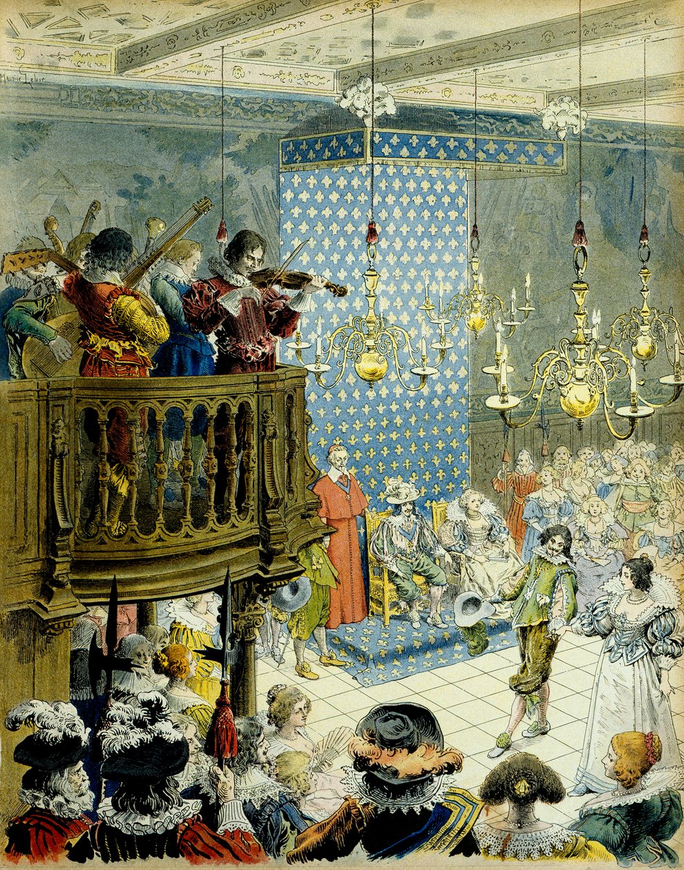 Frankrikes historie: Et ball ved hoffet til kong Ludvig XIII (1601-1643) med dronning Marie de Medicis (1575-1642) og kardinal Richelieu (Armand Jean du Plessis av Maurice Leloir