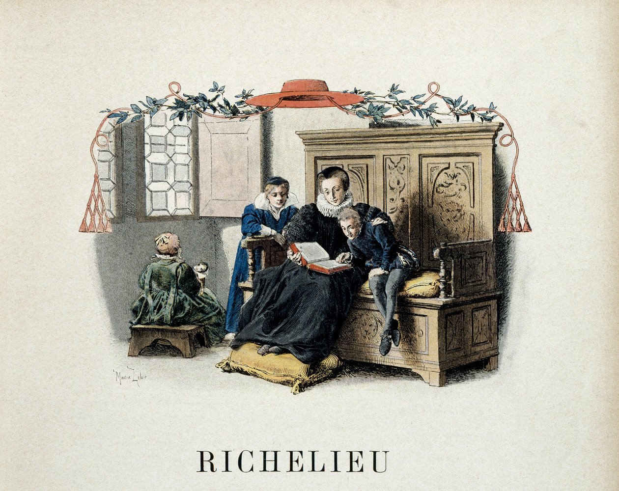 Frankrikes historie: Armand Jean du Plessis mor, som ble kardinal Richelieu (1585-1642) og deretter minister for Ludvig XIII, veileder hans første lesninger. Illustrasjon av Maurice Leloir (1853-1940) i "" Richelieu"" av Theodore Cahu av Maurice Leloir