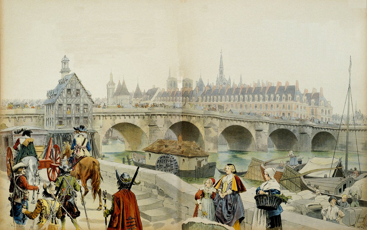 Frankrikes historie: Forvist til slottet Blois av sønnen Louis XIII, Marie de Medicis (1575-1642) og suiten hans forlot Paris i 1617. Illustrasjon av Maurice Leloir (1853-1940) i "" Richelieu"" av Maurice Leloir