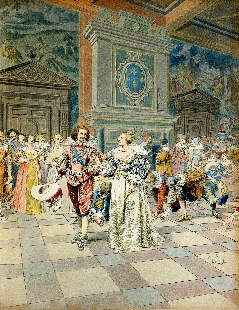 Frankrikes historie: George Villiers, hertugen av Buckingham (1592-1628) ved hoffet i Frankrike, sådde sine perler under fotsporene til hoffmennene. Illustrasjon av Maurice Leloir (1853-1940) i "" Richelieu"" av Maurice Leloir