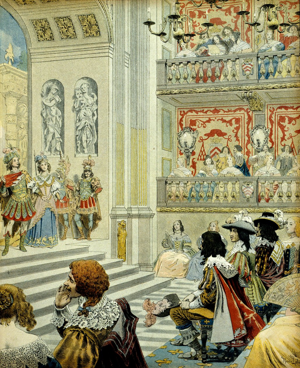 Frankrikes historie: Representasjon på teateret til kardinalpalasset (nå kongepalasset) av stykket "Mirame", en heroisk komedie skrevet i 1641 av kardinal Richelieu (Armand Jean du Plessis av Maurice Leloir