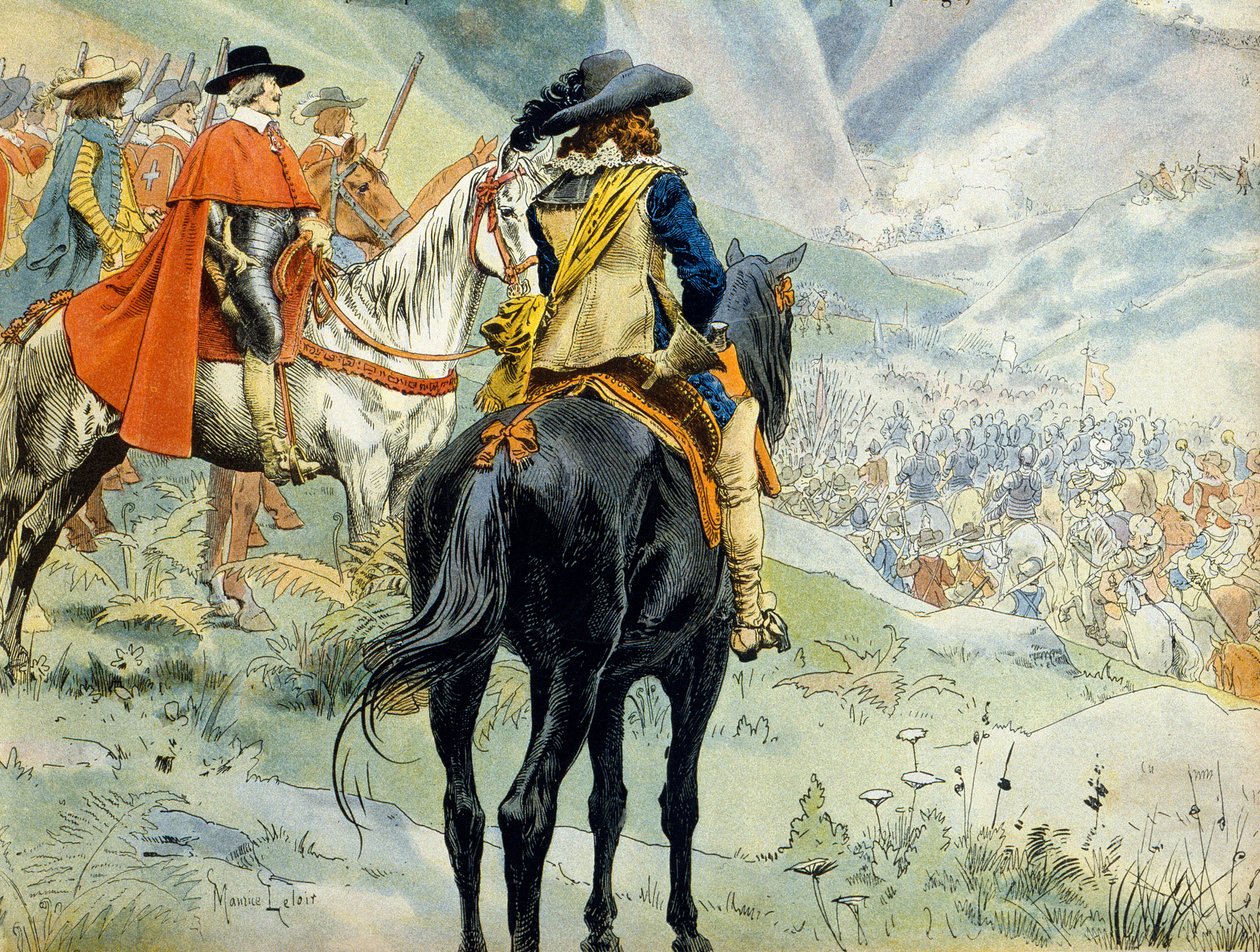 Frankrikes historie: Mantuas arvefølgekrig (1628–1631) under trettiårskrigen. Slaget ved Pas de Suze (Susa) som representerer kong Ludvig XIII (1601-1643) og kardinal Richelieu (Armand Jean du Plessis av Maurice Leloir