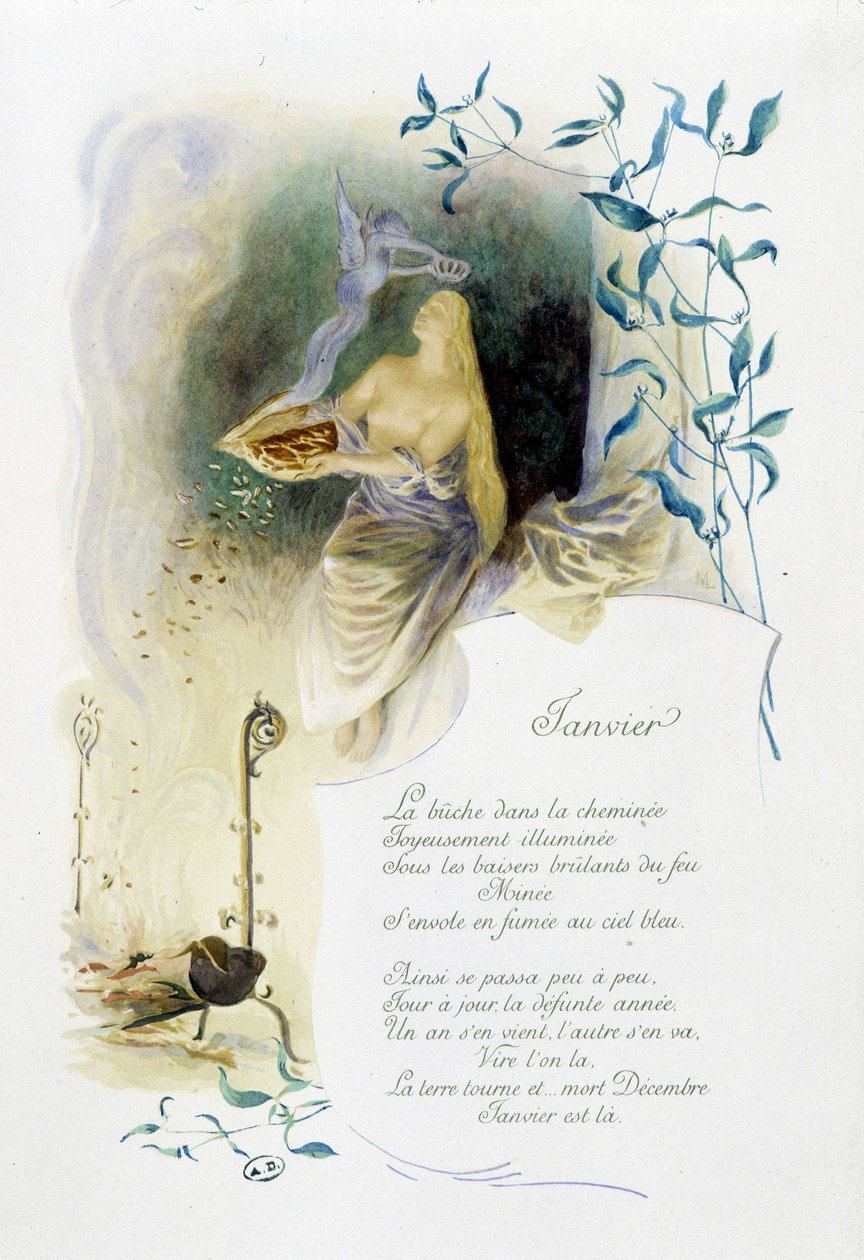 Januar "" Månedens sang"" av Jérôme Doucet, illustrasjon - Maurice Leloir, red. Reims 1904. L. Michaud av Maurice Leloir