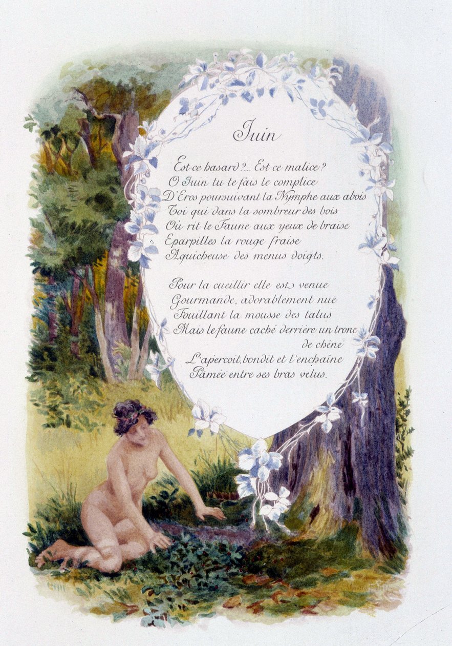 juni ""Månedens sang"" av Jérôme Doucet, illustrasjon - Maurice Leloir, red. Reims 1904. L. Michaud av Maurice Leloir