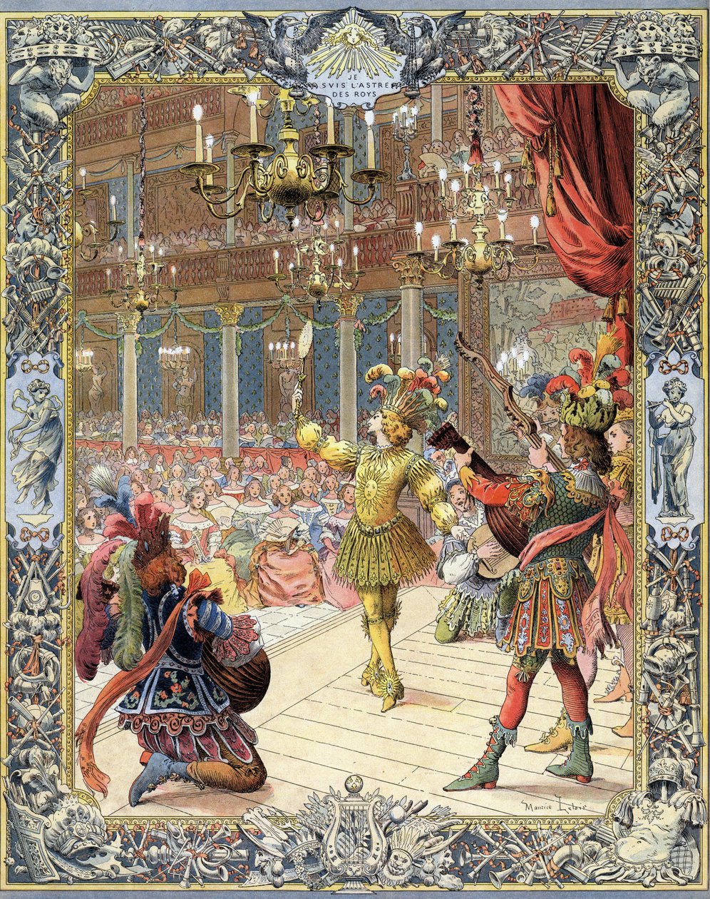 Louis XIV, participant in the “Ballet de la Nuit”, libretto by Isaac de Benserade (1612-1691), in a sunshine suit in the grand hall of the Little- Bourbon (Petite Bourbon) in Paris, February 23 av Maurice Leloir