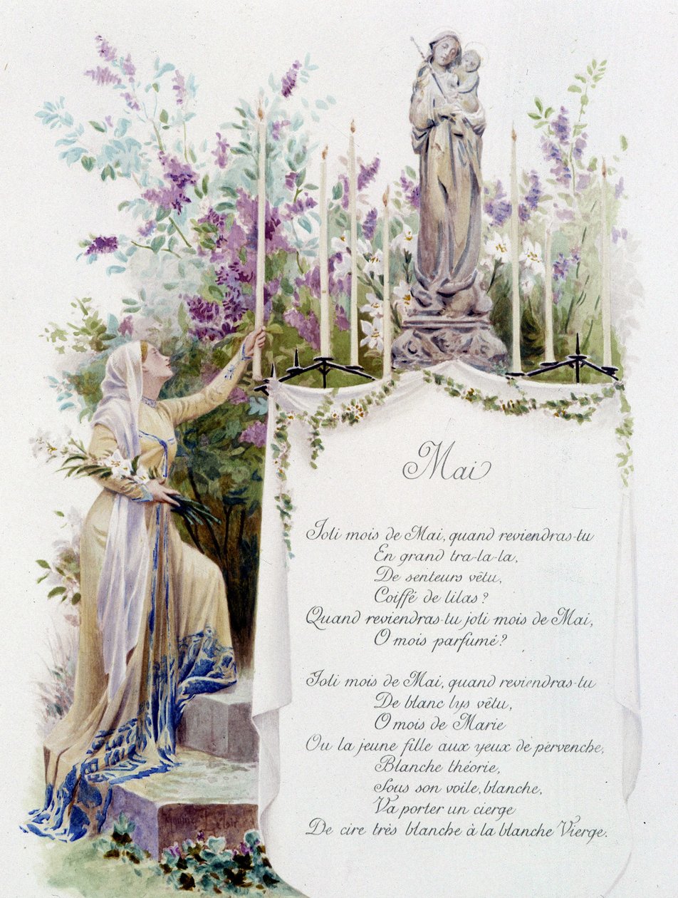 mai ""Månedens sang"" av Jérôme Doucet, illustrasjon - Maurice Leloir, red. Reims 1904. L. Michaud av Maurice Leloir
