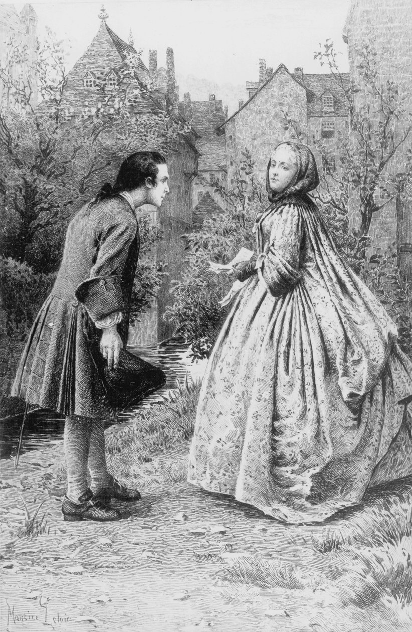 Møte mellom unge Jean-Jacques Rousseau og fremtidige nære venn Madame de Warens, 21. mars 1728 (gravering) av Maurice Leloir