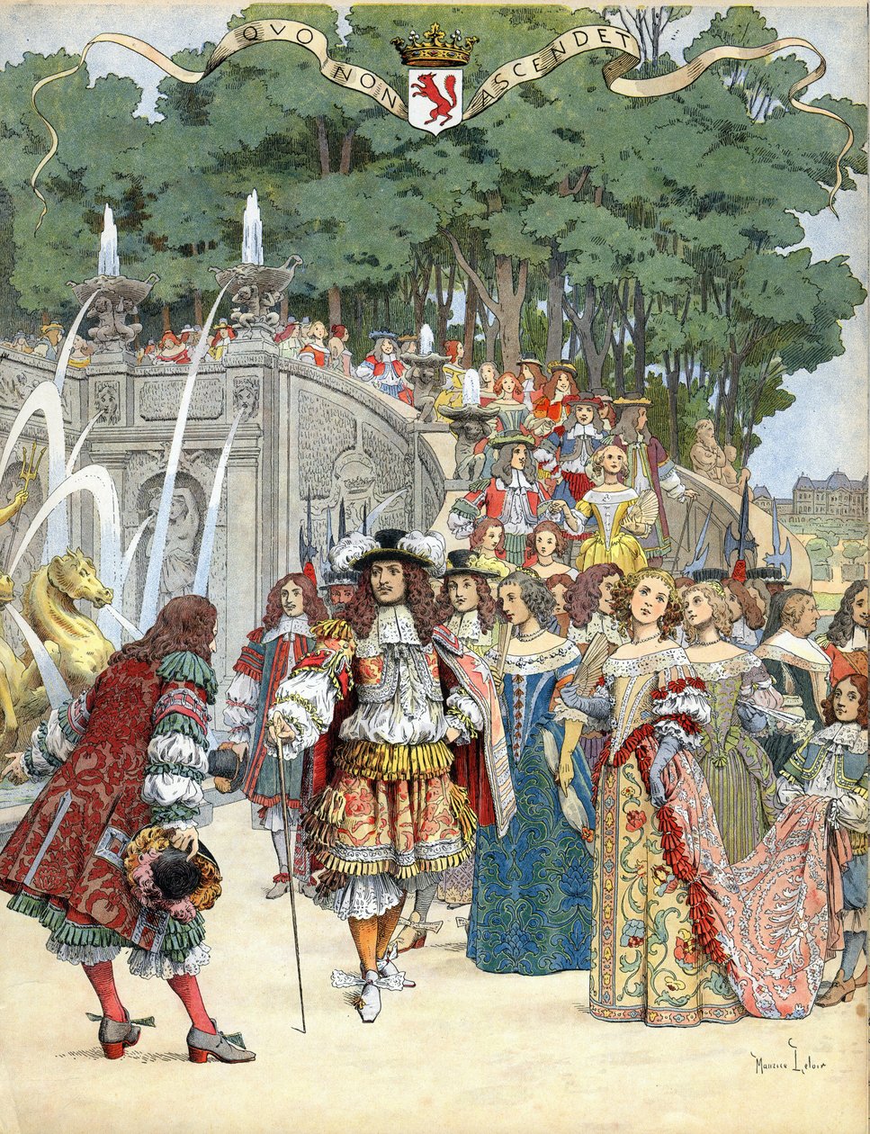 Nicolas Fouquet mottar den engelske kongen Ludvig XIV i sitt slott Vaux Le Vicomte, Frankrike, 17. august av Maurice Leloir