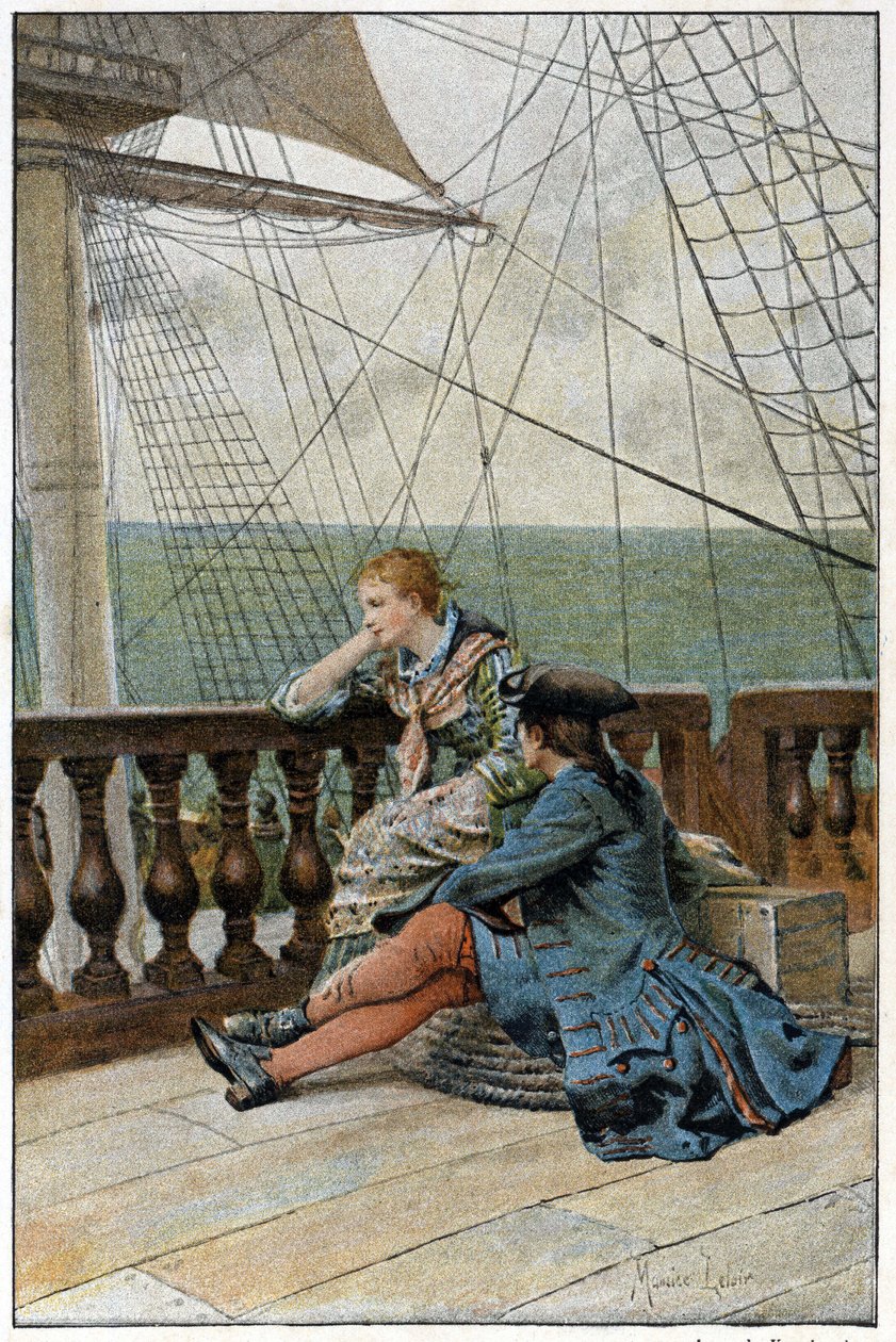 På innskipningen "History of Manon Lescaut and the Chevalier Des Grieux" av Abbe Prevost (1697-1763), fransk forfatter. Gravering etter tegninger av Maurice Leloir (1885). av Maurice Leloir