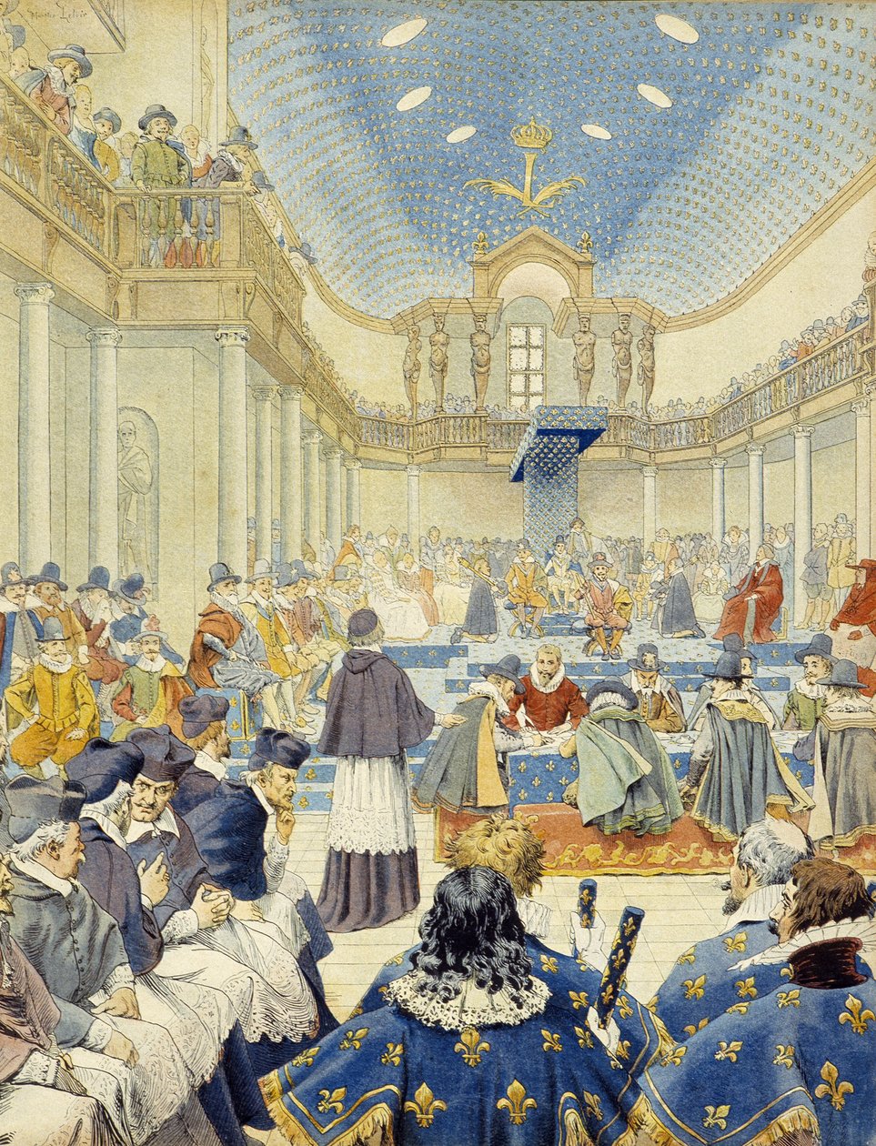 Richelieu holdt talen, i kontoristens navn, på det avsluttende møtet for statsgeneralene i 1614 - i "Richelieu" av Maurice Leloir. av Maurice Leloir