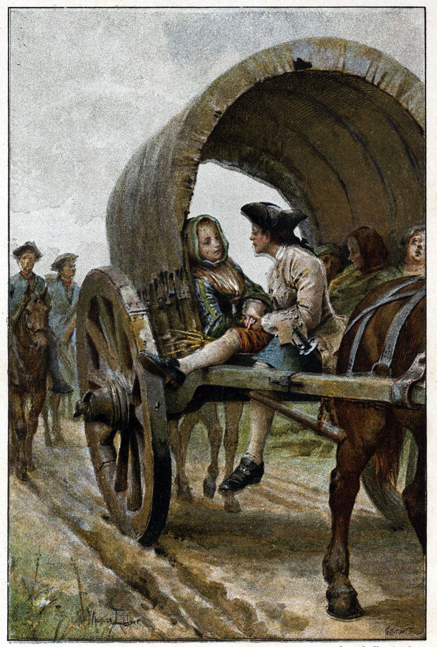 På veien til Le Havre - i "History of Manon Lescaut and the Chevalier Des Grieux" av Abbe Prevost (1697-1763), fransk forfatter. Gravering etter tegninger av Maurice Leloir (1885). av Maurice Leloir