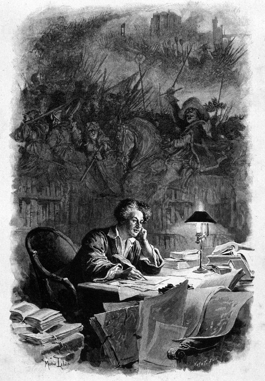 Den franske forfatteren Alexandre Dumas (1802-1870) hadde sitt kontor med å skrive "De tre musketerer" på begynnelsen av 1840-tallet. Illustrasjon av Maurice Leloir (1851-1940). Rettigheter forbeholdt av Maurice Leloir