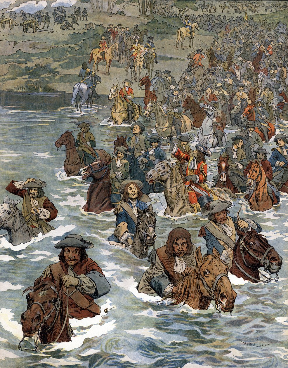 The Passage of the Rhine (12. juni 1672) av troppene til Ludvig XIV kjent som Solkongen (Kong Sun eller Ludvig den store av Maurice Leloir