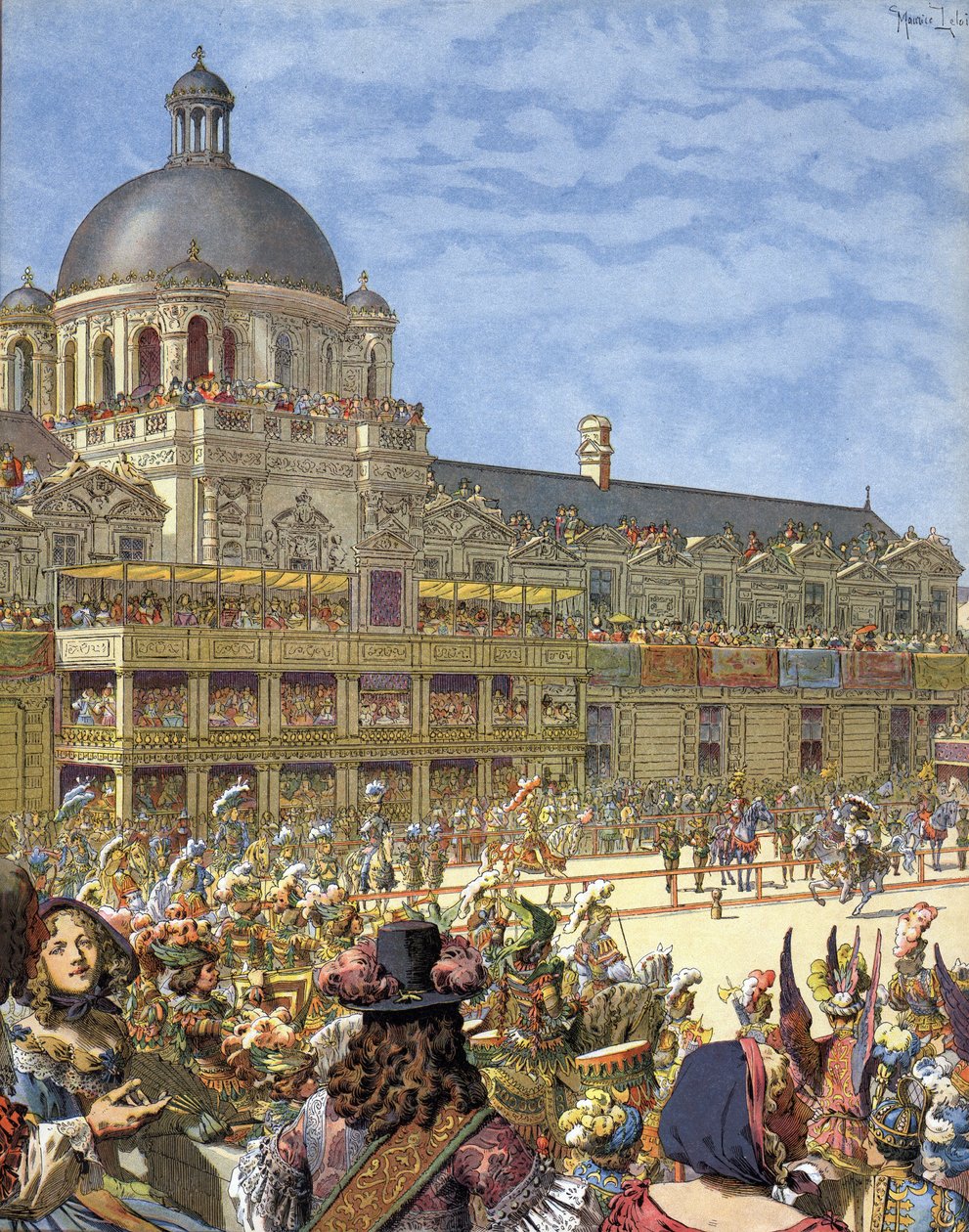 Den kongelige karrusellen (ridderturnering), gitt i 1662, foran Palais des Tuileries i Paris under Ludvig XIV kjent som Le Roi-Soleil (Kong Soleil eller Ludvig den Store av Maurice Leloir