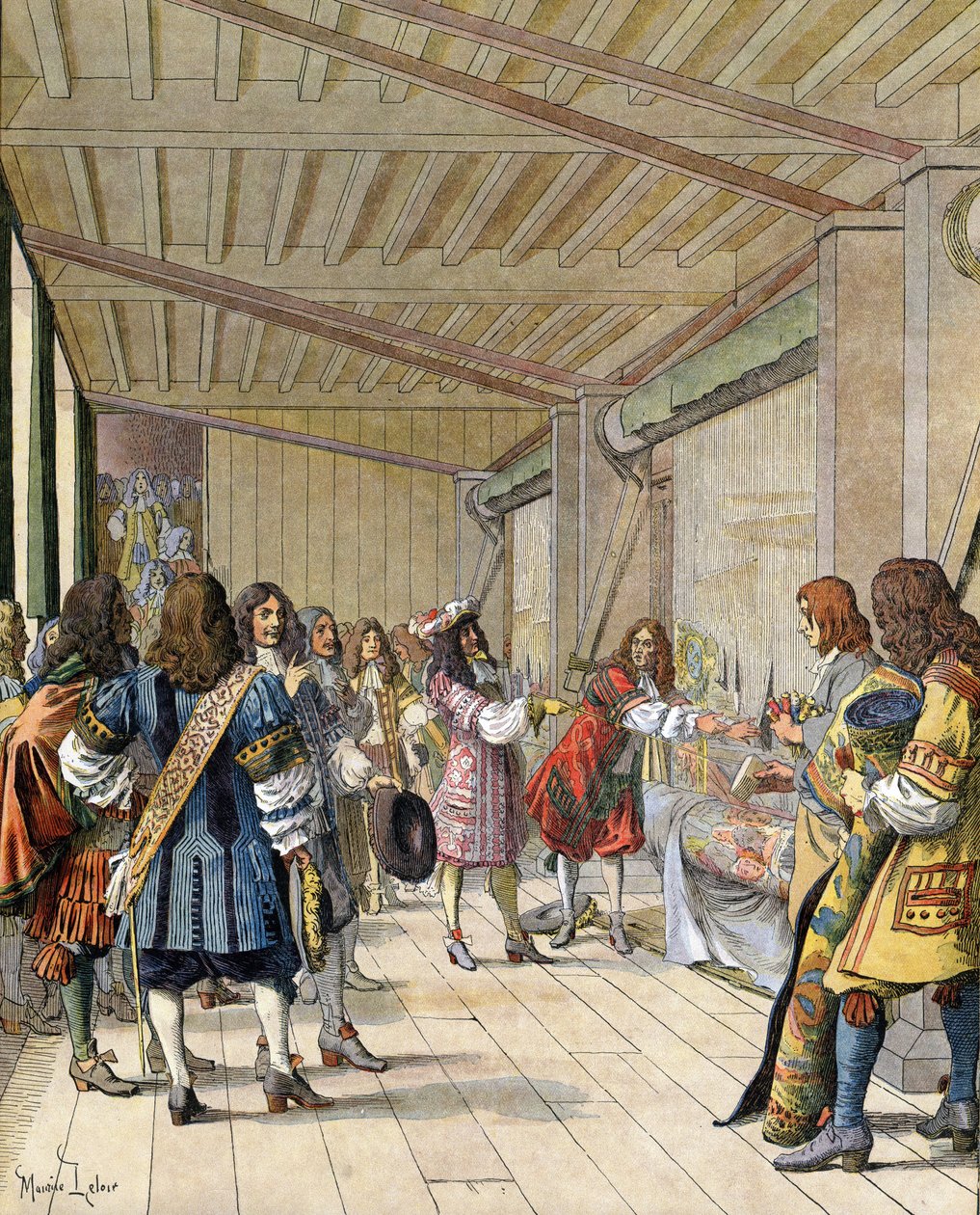 Maleren Charles Lebrun (Le Brun) (1619-1690), direktør for produksjonen, forklarte til Ludvig XIV, kjent som Le Roi-Soleil (Kong Soleil eller Ludvig den Store av Maurice Leloir