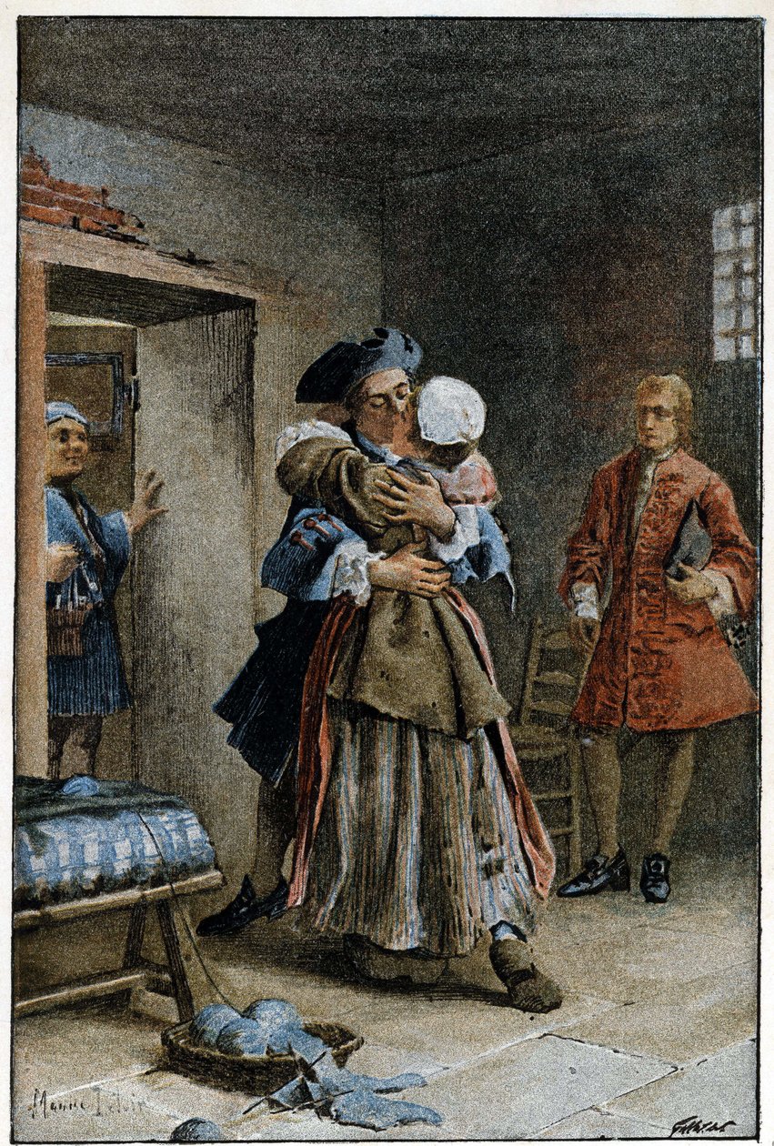 Besøk på sykehuset - i "Historien om Manon Lescaut og Chevalier Des Grieux"" av Abbe Prevost (1697-1763), fransk forfatter. Gravering etter tegninger av Maurice Leloir (1885). av Maurice Leloir