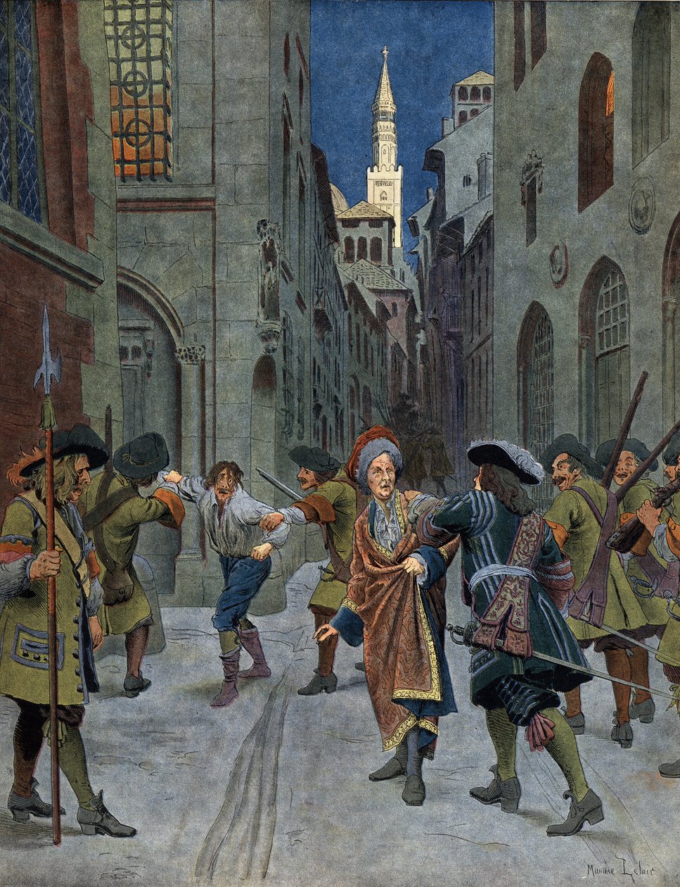 Den spanske arvefølgekrigen: fangsten av Francois av Neufville de Villeroy (1644-1730) under fangsten av Cremone (Cremona) av troppene til prins Eugene (Eugene Francois de Savoie (1663-1736), i 1702. Kromotypografi i "" Le Roy Soleil""  av Maurice Leloir