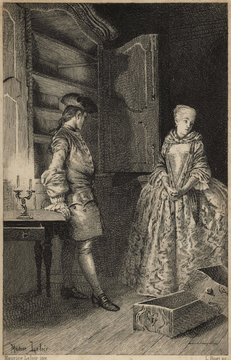 oppdagelsen av Vol - i "History of Manon Lescaut and the Chevalier Des Grieux" av Abbe Prevost (1697-1763), fransk forfatter. Gravering etter tegninger av Maurice Leloir (1885). av Maurice Leloir