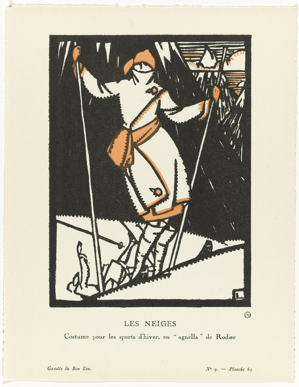Gazette du Bon Ton, 1920 - nr. 9, Pl. 65: Les Neiges / Kostyme for vintersport, enagnella av Rodier av Maurice Leroy
