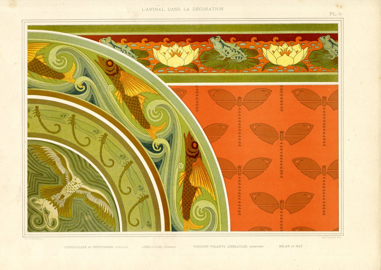 Akvatisk ornamentikk med øyenstikkere, frosker og sommerfugler (lito) av Maurice Pillard Verneuil
