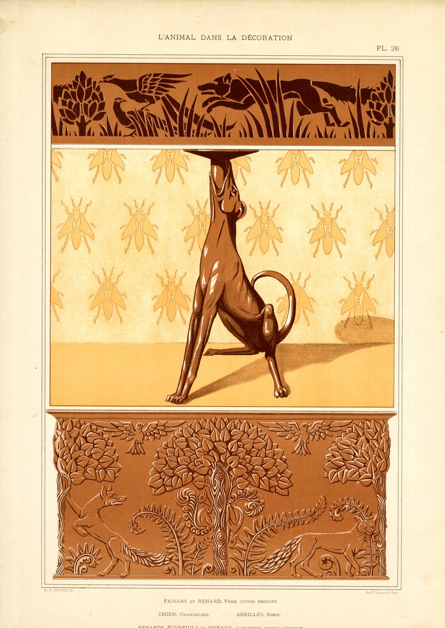 Dyremotiver i jugendstil: Hund, fasan og bier (lito) av Maurice Pillard Verneuil