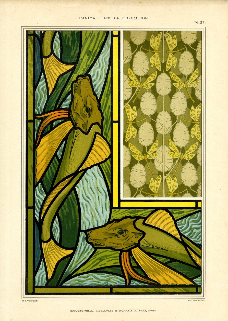 Art Nouveau-komposisjoner med fisk og øyenstikkere (lito) av Maurice Pillard Verneuil
