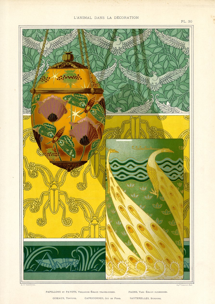 Dekorative gjenstander i jugendstil med påfugl, sommerfugler og duer (lito) av Maurice Pillard Verneuil