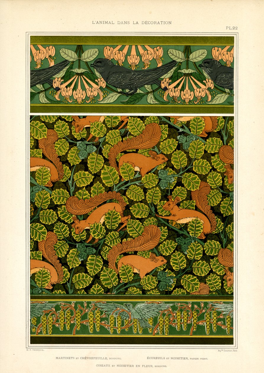 Art Nouveau-ornamentikk med fugler, ekorn og blomsterelementer (lito) av Maurice Pillard Verneuil