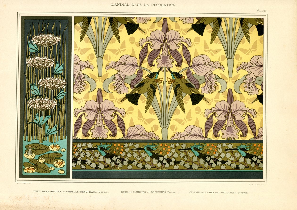 Mønsterdesign i jugendstil med øyenstikkere, orkideer og kolibrier (lito) av Maurice Pillard Verneuil