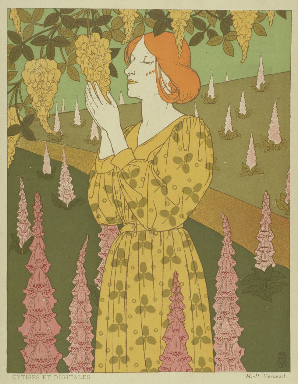 Cytises and Digitales - Kvinne med blåregn og revehansker (farge litho) av Maurice Pillard Verneuil