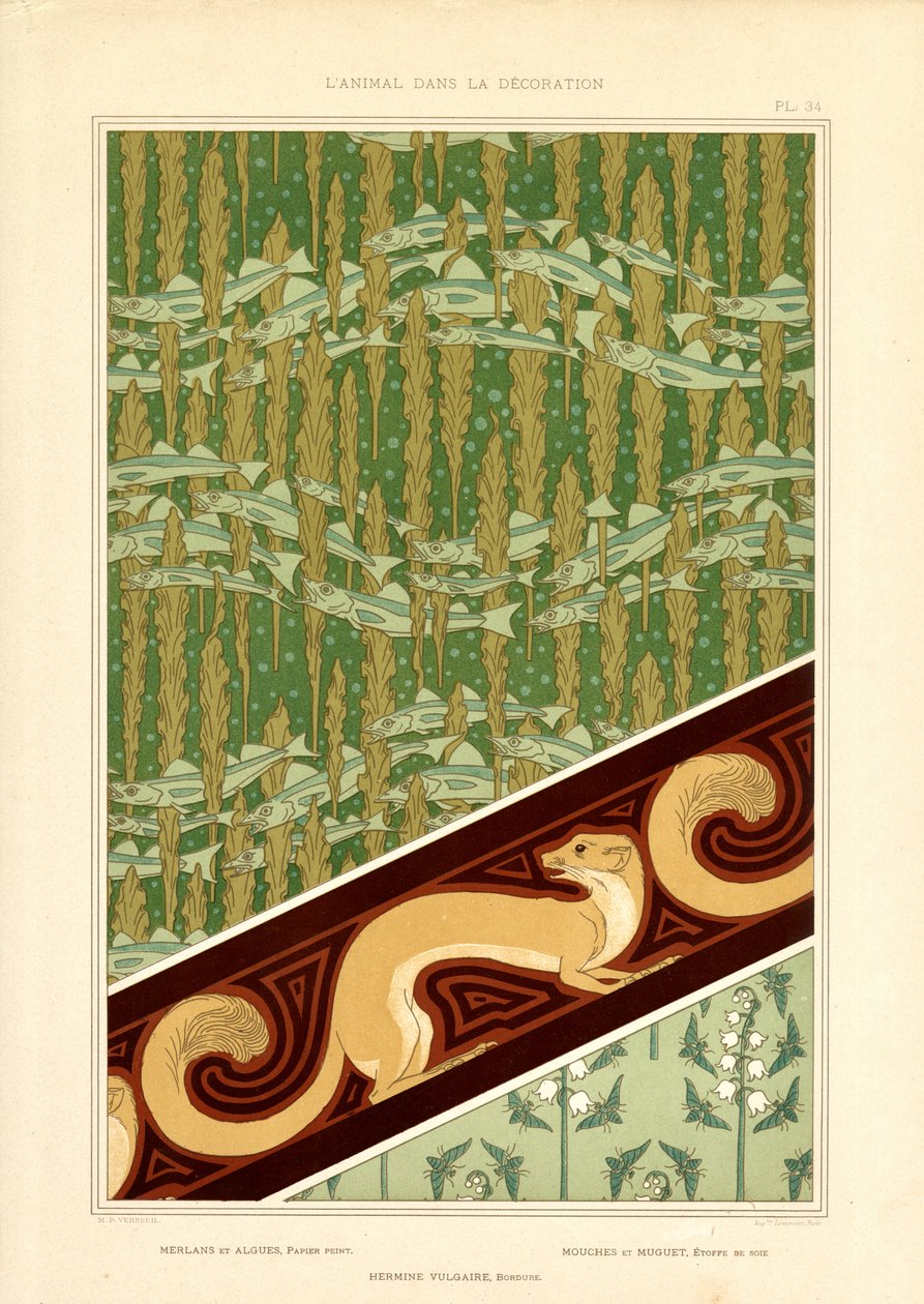 Dekorative mønstre i jugendstil med fisk, hermelin og liljekonvall (lito) av Maurice Pillard Verneuil