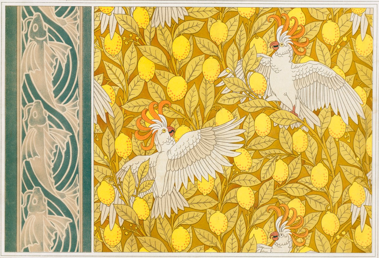 Design for tapetkakaduer med sitroner og tapetkant med flyvende fisk, pub. 1897. av Maurice Pillard Verneuil