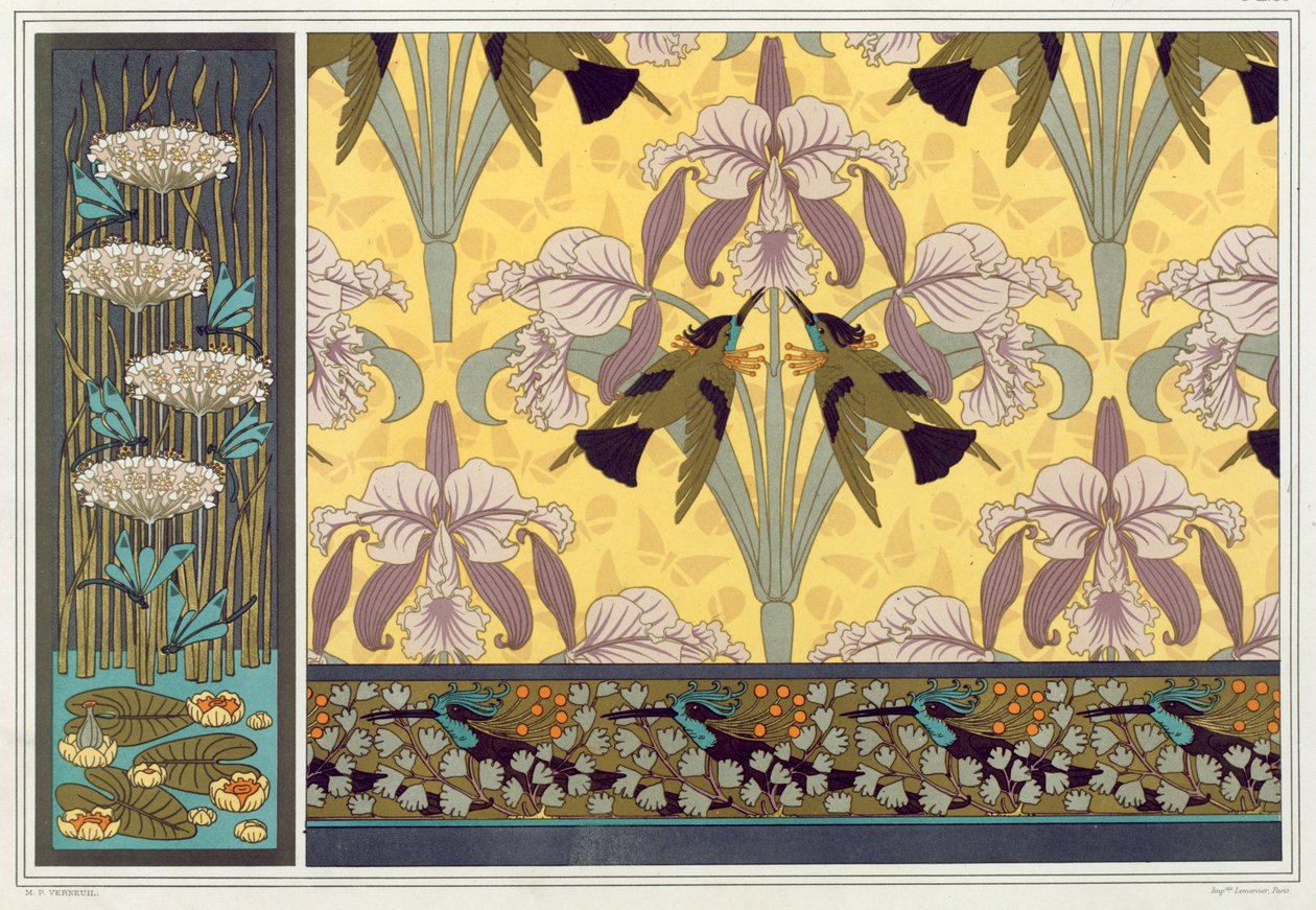 Design for tapetkant, stoff og panel: Dragonflies, Waterlillies and Flowering Rush, pub. av Maurice Pillard Verneuil