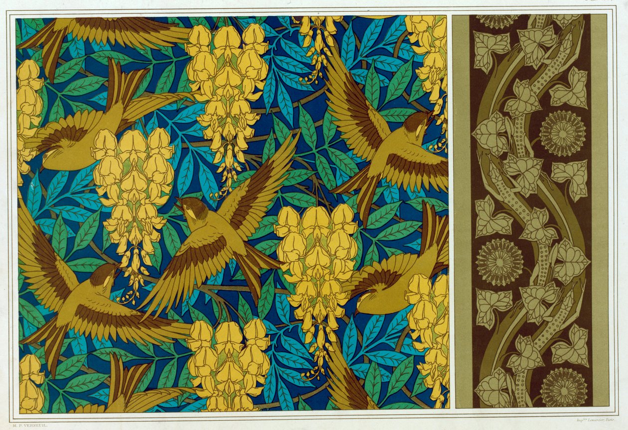 Design for Birds and Wisteria Henge- og tapetkant med Lizards and Ivy, pub. 1897. av Maurice Pillard Verneuil