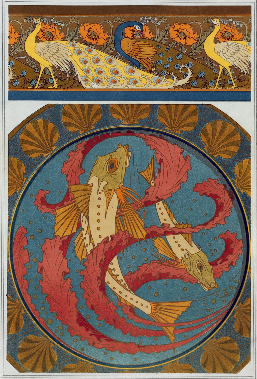 Design for påfugl- og valmuekant, og emaljeplate med dekor av Gurnards og Seaweed med en kamskjellomring, fra 'L'Animal dans la Decoration' av Maurice Pillard Verneuil, pub. 1897 (fargelitografi) av Maurice Pillard Verneuil