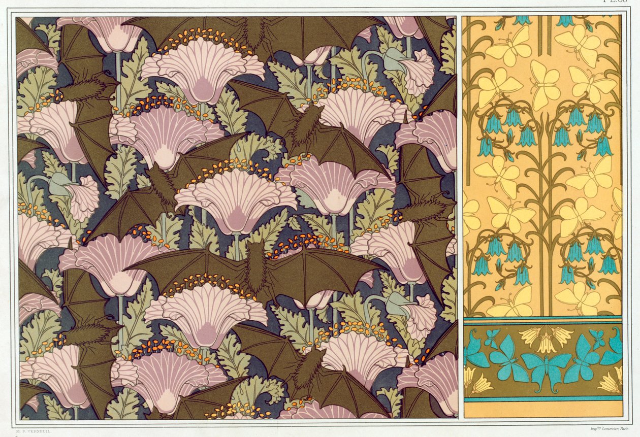 Design for et veggheng med flaggermus og valmuer, pub. 1897. av Maurice Pillard Verneuil
