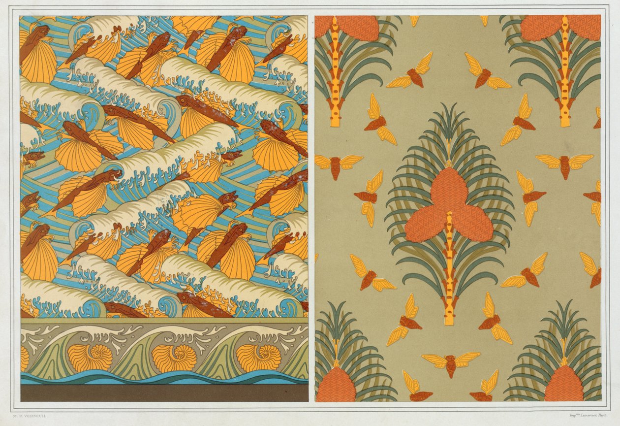 Design for tapet Flying Fish and Waves, pub. 1897. av Maurice Pillard Verneuil