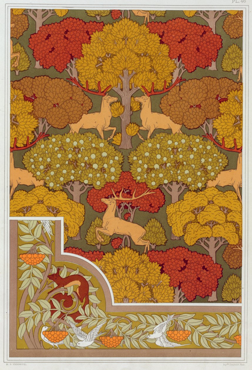 Design for tapet og tapet border Deer in the Trees, pub. 1897. av Maurice Pillard Verneuil