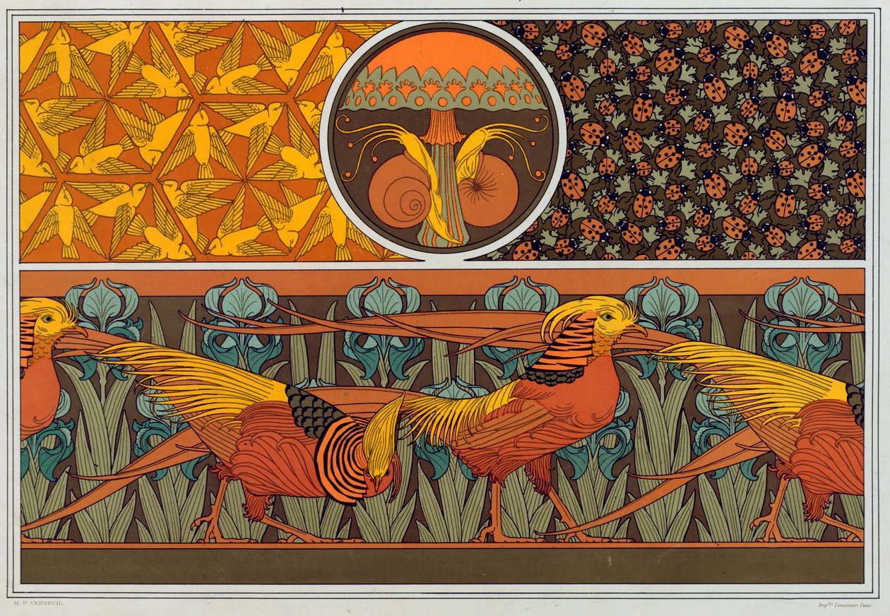 Design for tapetkant og stoff: Fugler, Marihøner og Maiden Hair Fern, pub. 1897. av Maurice Pillard Verneuil
