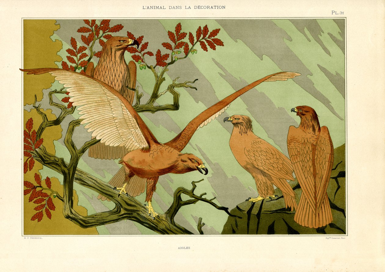 Ørner i naturalistisk skildring i jugendstil (lito) av Maurice Pillard Verneuil