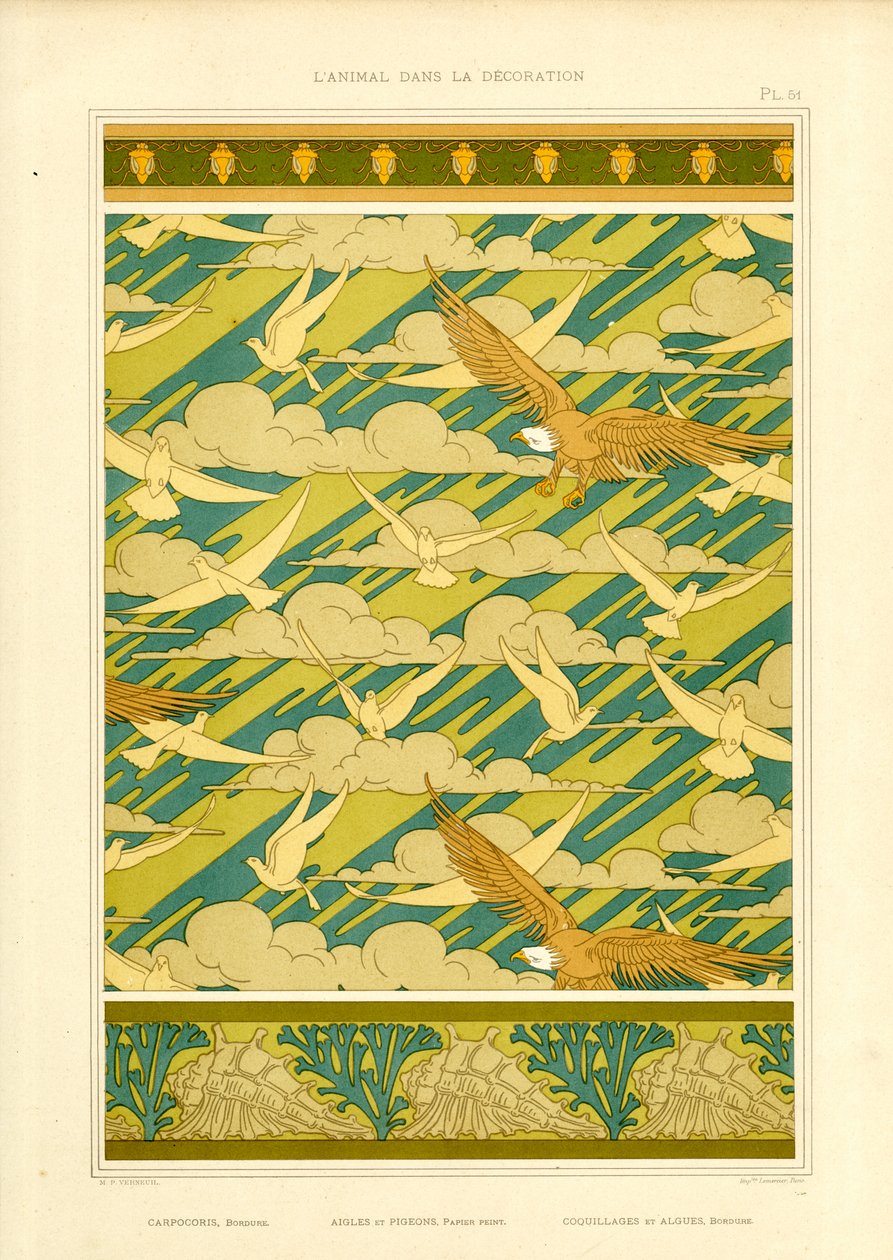 Ornamental komposisjon med ørner og duer (lito) av Maurice Pillard Verneuil