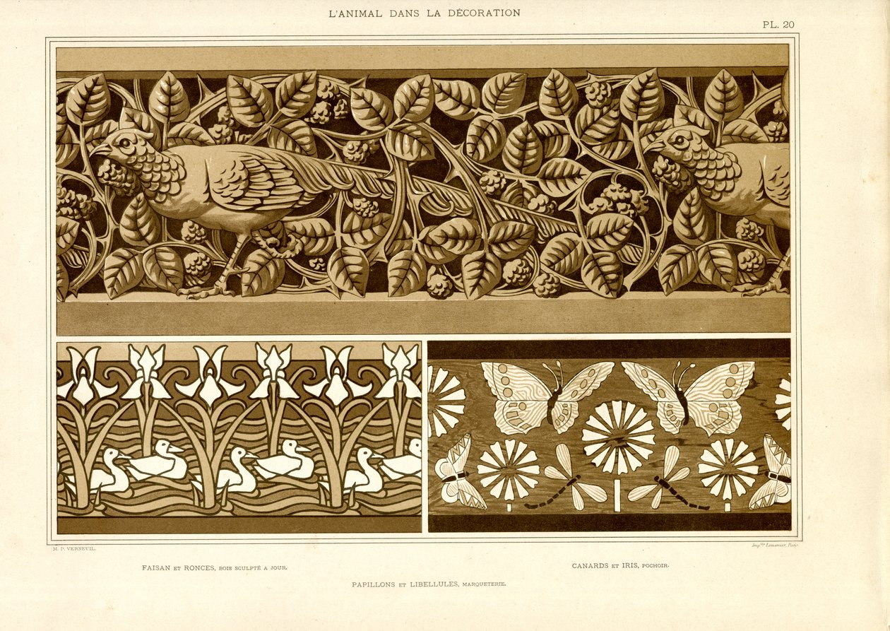Ornamentale friser med dyremotiver (lito) av Maurice Pillard Verneuil
