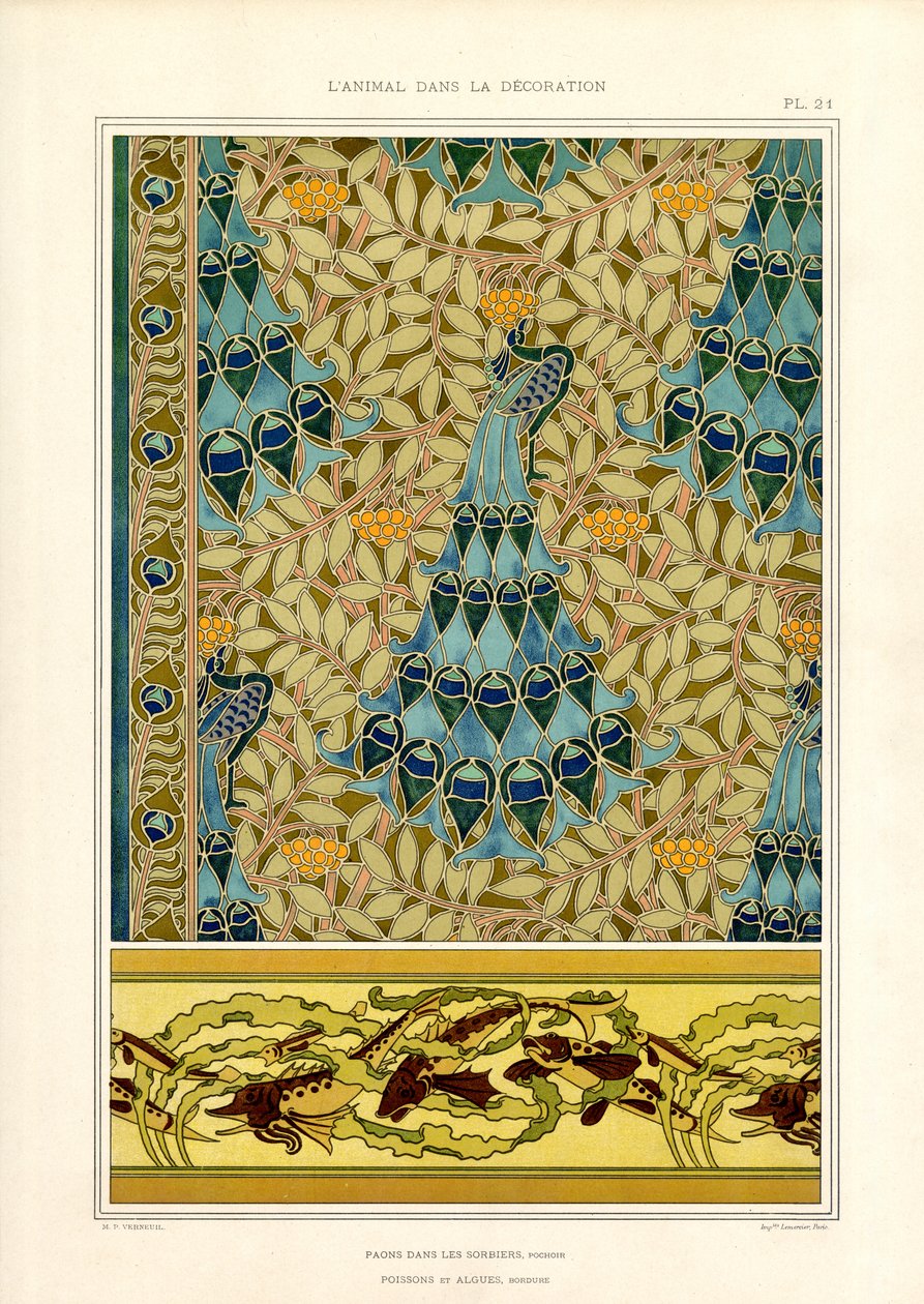 Påfugler og fisk i jugendstilornamentikk (lito) av Maurice Pillard Verneuil